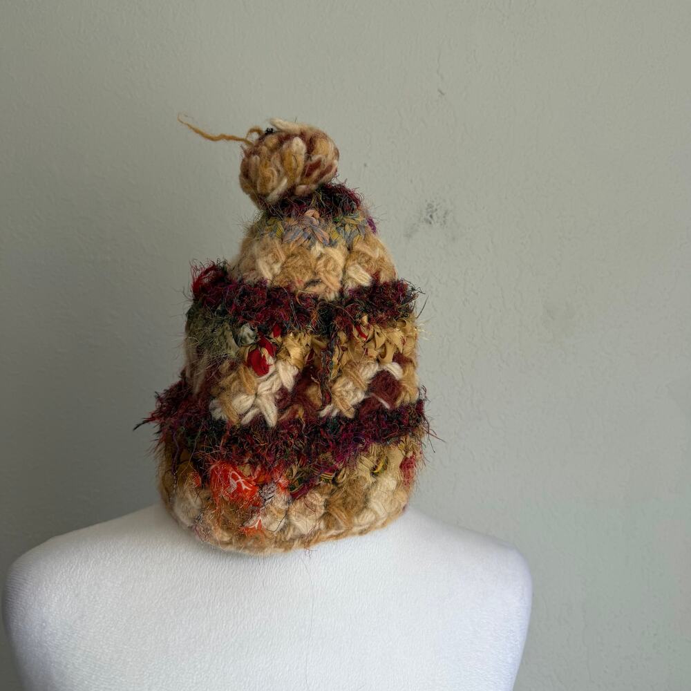 Earthbound Trading Company Tan Red Multi Wool Recycled Silk Blend Winter Beanie